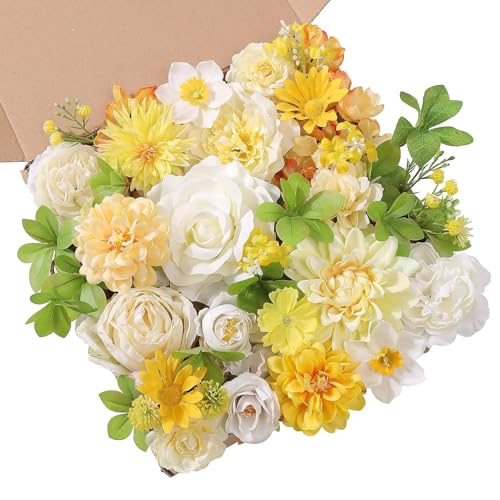 Artificial Flowers Combo Box Set White Yellow Roses Dahlia Fake Silk Flowers with Stems for DIY Wedding Bridal Bouquets,Floral Arrangement,Table Centerpieces,Baby Shower,Home Decorations - color: Yellow