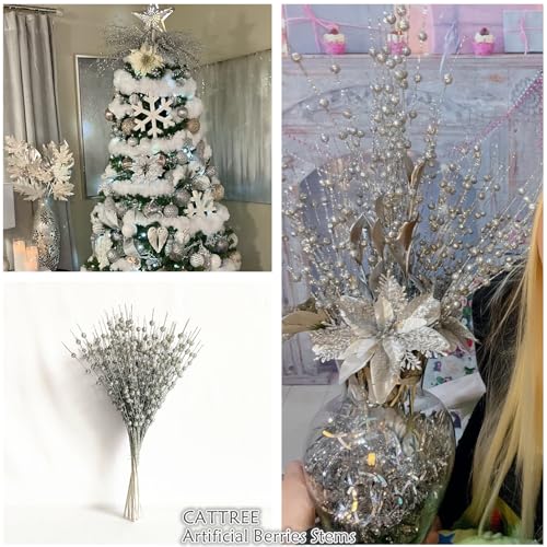 Artificial Berries Stems Ornaments 17 Inch, Sparkling Christmas Tree Picks, Glittery Berry Stems Fake Plant Picks and Branches for Xmas Wreath Ornaments Holiday Home DIY Decor - Silver 10 Pack - color: Glitter Berries Stems Sticks - Silver 10 Pcs