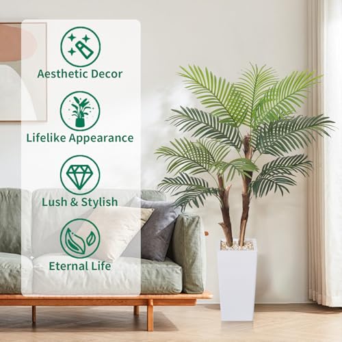 HAIHONG Artificial Palm Tree 6FT, Fake Tree with Realistic Fiber Trunks and White Tall Planter, Faux Tropical Areca Floor Plant in Pot,Artificial Silk Plant for Home Decor Office Decor