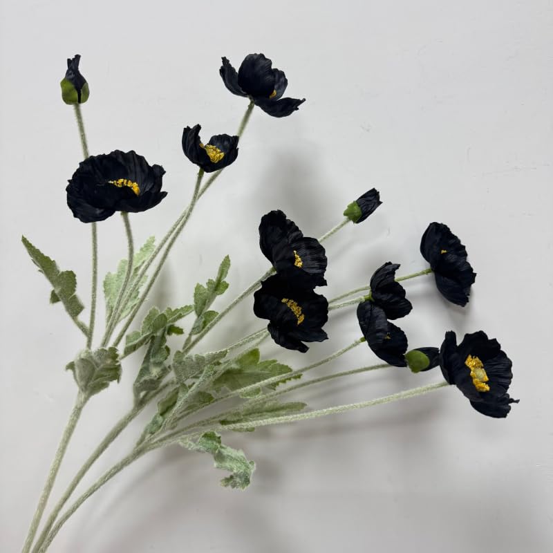 Poppy Flowers Artificial,Poppy Silk Flowers with Stems，Ranunculus Artificial Flowers，Faux Flower Stems for Wedding,Party, Outdoor Indoor Decor Flower Arrangements for Table (3, Black) - color: Black
