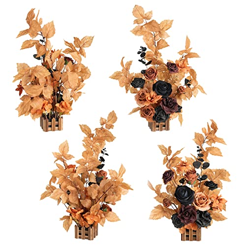 Ling's moment 17.5" Tall Standing Artificial Flowers Arrangements 4pcs Fall Wedding Aisle Runner Chair Decorations Orange Black Centerpieces for Ceremony Reception Rose Floral Party Outdoor - color: Black & Pumpkin Orange