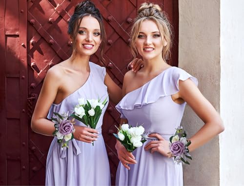CherishedMoments Corsage and Boutonniere Set, Purple Rose Handmade Artificial Flower Wrist Corsage and Groom Boutonniere for Men Wedding, Bridesmaid Hand Flower for Wedding,Prom Suit Decorations - color: Purple