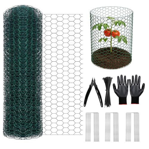 Chicken Wire for Floral Arrangements, 16 Inch x 16.4 Ft Green Chicken Wire Fencing Mesh for Crafts Poultry Garden, 0.6 Inch Hexagonal Galvanized PVC Coated Netting Fence for Outdoor Plants - size: 16x197 inch