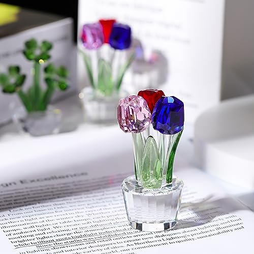Qianwei Crystal Tulips Flowers Figurine Colorful with Vase - Glass Flower Bouquet Collectible Figurines Crystal Office Home Decor Paperweight - Tulip Gifts for Women Mom Bestfriend Wedding Anniversary - color: Red Blue Pink Tulip