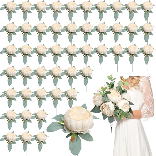 Artificial Peonies Flowers Bulk, 50Pcs 4’’ Champagne Peonies Faux Silk Peony Heads for Table, Fake Flowers Arrangements for Wedding, Valentine, Engagement, Party, Coffee, Dining Decorations - color: Champagne