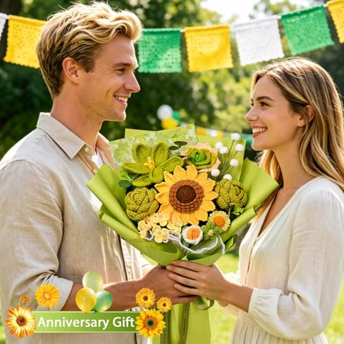 Crochet Flower Bouquet, Crochet Sunflower Bouquet, Green Knitted Flowers for Graduation or Back-to-School Gifts, Mother's Day, Father's Day, Anniversary, Birthday, Valentines Day Gifts (Large-Green) - color: Large-green