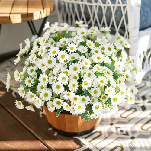 Daisy Artificial Flowers for Outdoors Decoration, 6 Bundles Fake Plants Flowers Bouquet Faux Flowers for Outdoor Planter Look Real UV Resistant Silk Flowers for Outside Front Door Porch Patio, White - color: White-6 Bundles