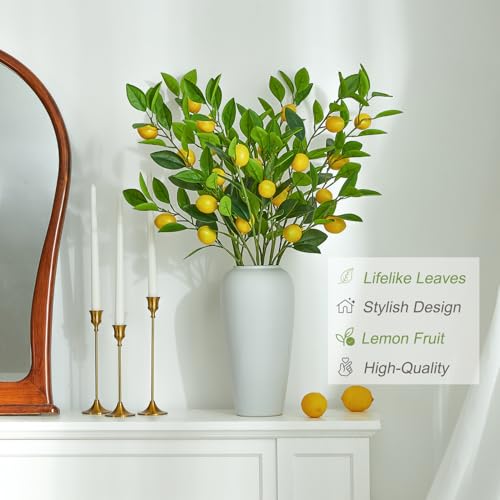 Heleze 36 Inch Artificial Lemon Branches for Vases Greenery Stems with Faux Fruits Realistic Lifelike Fake Lemon Tree Branch for Home, Dining Table, Kitchen Decor