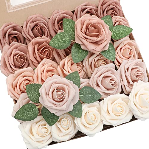 Floroom Artificial Flowers 25pcs Real Looking Morandi Peach Ombre Colors Foam Fake Roses with Stems for DIY Wedding Bouquets Bridal Shower Floral Centerpieces Party Tables Home Decorations - color: Shades of Morandi Peach