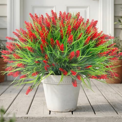 Rowfad 22 Pcs Artificial Outdoor Flowers Fake Outdoor Plants Monkey Grass with Red Flowers for Pot Decor for Window Garden Patio Hanging Planter Pathway Front Porch (22, Red) - color: Red