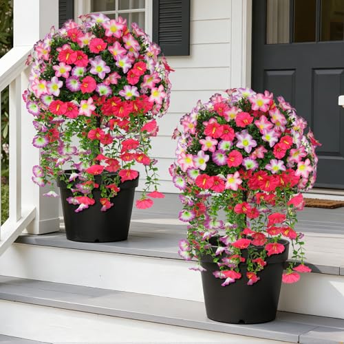 Grooy Artificial Plants Flowers Topiary Ball for Outdoor, 2 Pack Fake Silk Morning Glory Plant Bushes, UV Resistant Realistic Plants Shurbs for Outside,Front Porch,Patio,Yard(Pink) - color: Pink Morning Glory