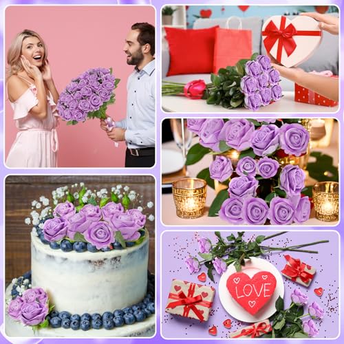 90 Pcs Purple Velvet Rose Artificial Flowers with Long Stems, Fake Silk Roses Real Touch Fake Roses Florals for Birthday Wedding Bouquet Party Arrangement Decorations - color: Purple