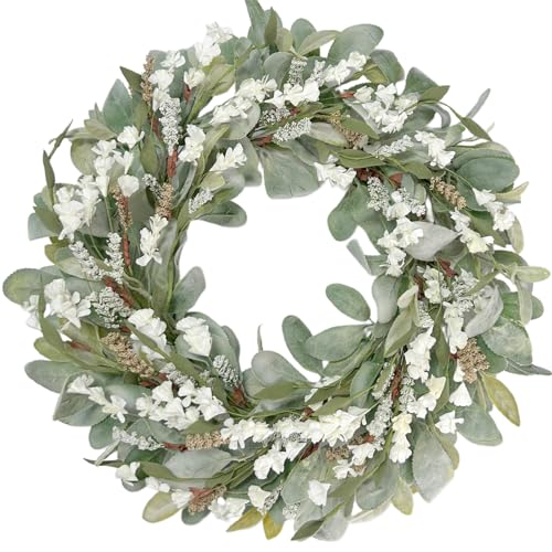 22 Inch Spring Summer Lamb Ears Leaves Wreath with Ivory Forsythia Flower, Year Round Greenery Floral Wreath for Front Door, All Seasons Rustic Farmhouse Everyday Wreath for Indoor Outdoor Decor - color: Wreath