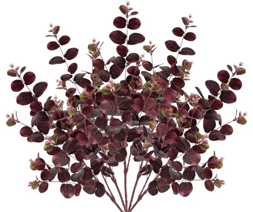 GnFlus 5 Pcs Artificial Eucalyptus Stems 30" Fake Silk Plants for Floral Arrangements, Fake Plant Farmhouse Decor, Home Wedding Decorations (Wine Red) - color: Burgundy
