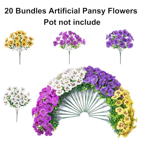 Ivydale 20PCS Artificial Fake Pansy Flowers for Outdoors Spring Sumer Decor, Faux Silk Pansies UV Resistant Plants for Front Door Porch Yard Patio Window Box Home Decor (Fuchsia Purple Yellow White) - color: Purple Yellow White Fuchsia