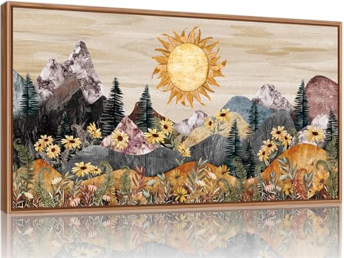 Rantodecor Boho Mountain Framed Canvas Wall Art, Western Daisy Floral Landscape Wall Decor, Rustic Fern Flowers Art Painting, Modern Fantasy Nature Sun Artwork for Bedroom Living Room Office 40"x20" - color: Boho Mountain, size: 40"L x 20"W