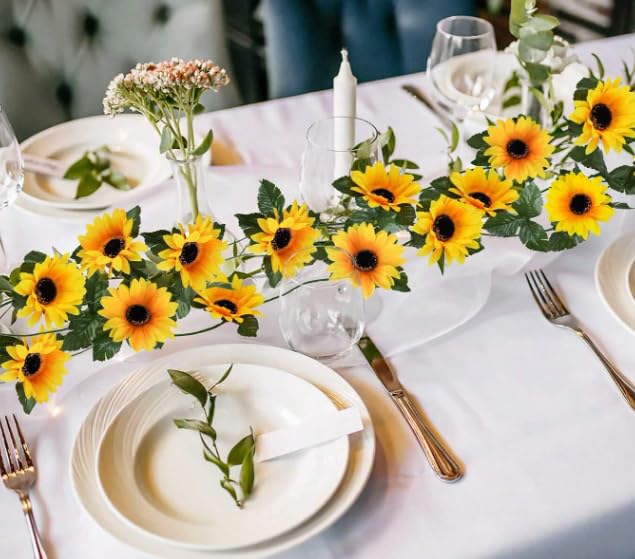 3 Pack Artificial Sunflower Garland Decor,7.5ft Artificial Sunflower Garland Hanging Sunflower Vines with Green Leaves