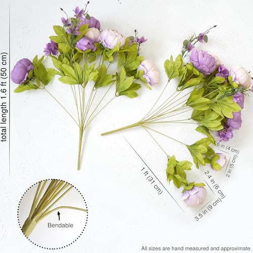 FiveSeasonStuff Dusty Purple & Greenery Accents Artificial Peony Bouquet, Two Coordinating Faux Silk Flower Bundles with Hydrangeas - color: Dusty Purple Green Mix