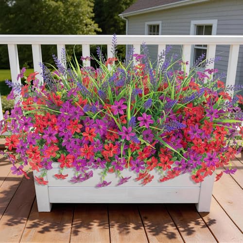 Artificial Flowers for Outdoors UV Resistant, 14 Bundles Fake Flowers Daisy with Lavender Faux Outdoor Plants Silk Flower for Outside Planters Patio Porch Window Garden Yard Spring Summer Decoration - color: Fuchia Red