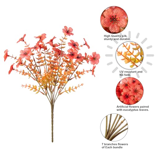 HyeFlora Artificial Fall Flowers Faux Mums for Outdoor Indoor Garden Home Decoration, Faux Flower Daisy with Eucalyptus Leaves Fake Mums Plants Greenery Boxwood Porch Patio, 12 Bundles (F Orange) - color: F Orange
