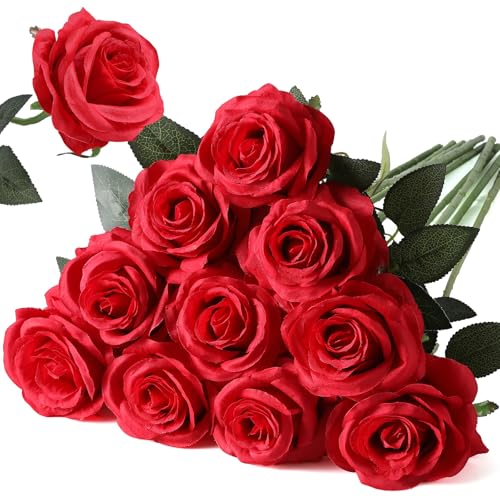 Nubry Artificial Silk Rose Flower Bouquet Lifelike Fake Rose for Wedding Home Party Decoration Event Gift 10pcs (Red) - color: Red