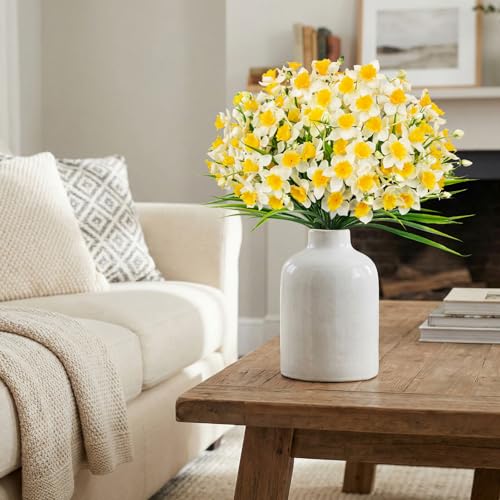 6 Bundles Daffodils Artificial Flowers, 14.2" Faux Daffodils with 90 Flower Heads Real Touch Fake Spring Flower White & Yellow Decorative Flowers Bouquet for Home Wedding Centerpieces Vase Arrangement - color: White, size: 6 Bundles-14.2 Inch