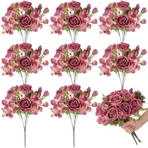 Yunsailing 8 Packs Artificial Peony Flowers Faux Silk Hydrangea Bouquet Vintage Wedding Home Table for Door Decor Reusable Bouquet of Rose Flowers for Valentine Wedding Birthday Party(Bean Paste Pink) - color: Bean Paste Pink, style: Hydrangea