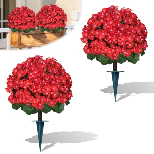 Yangrass Artificial Topiary Red Flowers for Outdoors, Set of 2 Fake Bushes Topiary Ball Trees with Ground Spikes, Lifelike UV Resistant Faux Plants for Garden Front Porch Patio Decor - color: Red Crabapple Blossoms