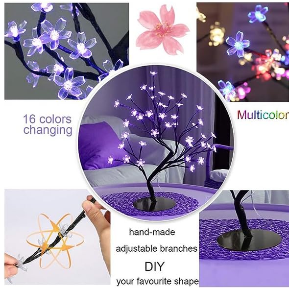 48 LED Cherry Blossom Tree Light, Color-Changing Cherry Flower Lamp，Artificial Bonsai Tree with Remote Lit Centerpieces Christmas Tabletop Night Lights for Halloween Wedding Party Home Decor