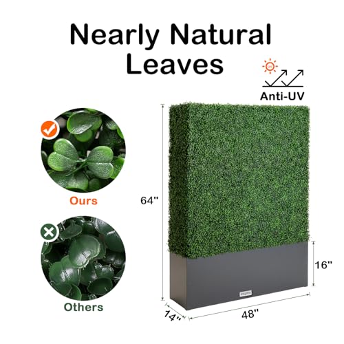 Artificial Boxwood Hedge Wall with Dark Grey Planter Box, Greenery Fake Faux Grass Panels Backdrop Divider 48" WX64 HX14 D - size: 48"WX64"HX14"D