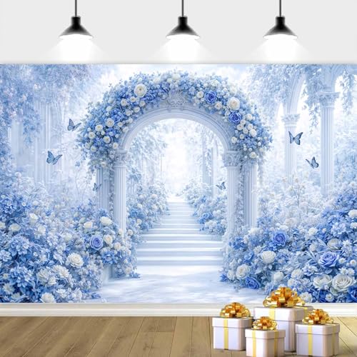 5X3ft Floral Photography Backdrop, Dreamlike Wedding Portrait Photo Background Romantic Blue Flowers Backdrop, Baby Bridal Shower Wedding Birthday Party Background Banner Decor, Blue-2 - color: Blue-2, size: 5x3ft