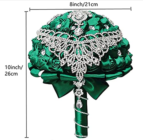 Handmade Luxury Wedding Bridal Bouquet Large Silk Rose Holding Toss Artificial Flowers Bouquets with Satin Ribbon Pearls Rhinestone for Bride Vintage Royal Wedding Bouquet (Dark Green) - color: Dark Green