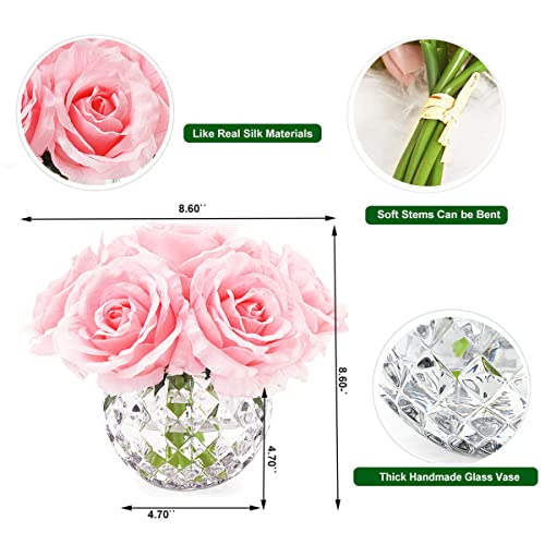 7 Large Stem Rose Artificial Flowers in Vase, Silk Flowers Arrangement in Round Glass Vase Without Water for Home Decor, Wedding Table (Pink) - color: Pink W/O Water