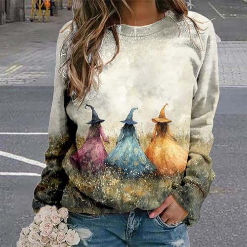 MARSVOVO Witch Sweatshirts For Women Novelty Halloween Witch Print Spooky Season Fashion Party Long Sleeve Fall Tops - color: D Colorful, size: 3X-Large