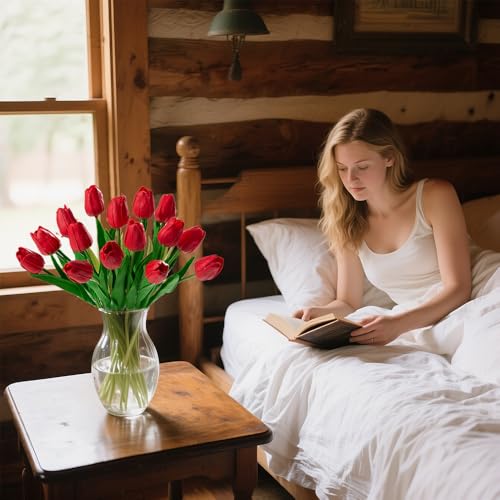 20pcs Red Tulips PU Artificial Tulips13 Inch for Mother's Day Easter Gifts in Home Kitchen Wedding Dining Table Decorations - color: Red