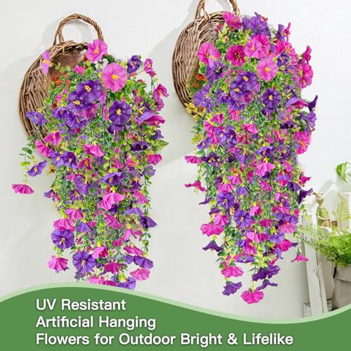 Artificial Flowers for Outdoors Fake Morning Glory Hanging Flower Decoration, 6 Pcs Realistic Faux Plants Petunias Trailing Vines, Spring Decor for Porch Patio Balcony Planter Yard(Purple+Fuchsia) - color: Purple+fuchsia, size: 6 Pcs