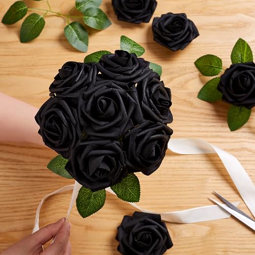 16 Pcs Black Roses Artificial Flowers | Foam Roses with Stems, Black Flowers for DIY Gothic Decor, Halloween Arrangements, Home Accents - color: Black