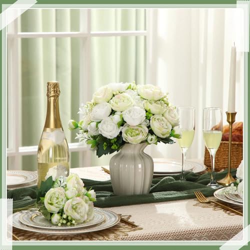 Geosar 8 Bundles Artificial Peonies Flowers Fake Silk Peony Bouquet Faux Peonies Flowers Bulk for Decoration Vase Floral Arrangements Wedding Party Table (White,Green) - color: White, Green