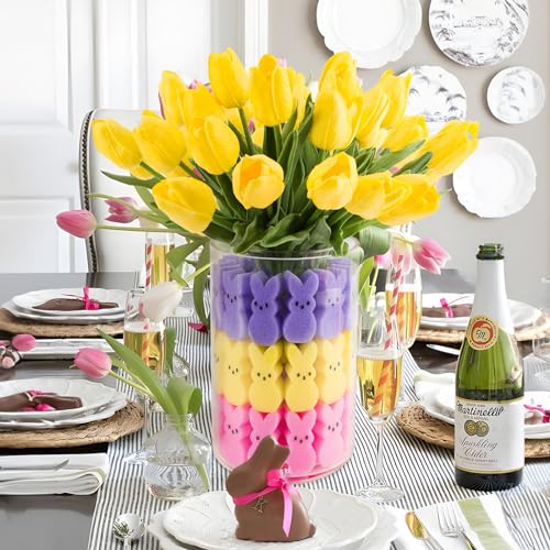 ORIENTAL CHERRY Easter Decorations - Easter Peeps Decor - 15 Artificial Tulips with 45 Bunnies Vase Filler Set, Spring Home Indoor Decoration Centerpieces for Tables - style: 15 Yellow Tulips with 45 Peeps Bunnies