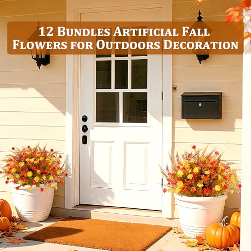 TURNMEON 12 Bundles Artificial Fall Flowers for Outdoors Fall Decorations, UV Resistant Fake Mums Faux Fall Plants Plastic Orange Boston Fern Eucalyptus Home Garden Porch Autumn Thanksgiving Decor - color: Mix Orange Brown Yellow, size: 12 Bundles