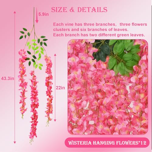12 PCS Wisteria Hanging Flowers, 3.6ft Fake Wisteria Vines Artificial Wisteria Garland Silk Flower String for Wedding Arch Garden Party Home Ceiling Wall Backdrop Tent Decoration (Pink) - color: Pink, size: 12 Pack