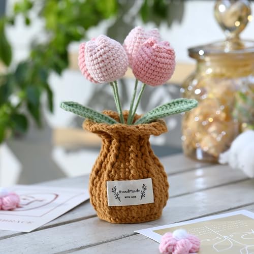 Tulip Crochet Flower Potted Plant Handmade Desk Decor Gift - color: D-tulip-pink