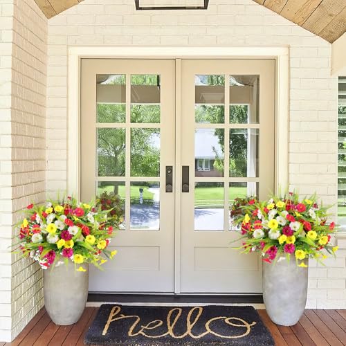 Artificial Flowers for Outdoors 12 Bundles Artificial Petunias Fake Flowers UV Resistant Shrubs Plants with Fern for Indoor Outside Hanging Planters Home Garden Spring Summer Decorations - color: White,magenta, Rose Red,yellow