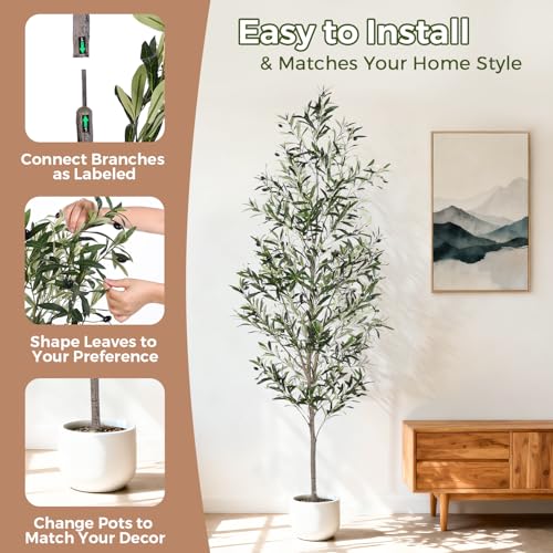 Jocoevol Olive Tree, 7FT Artificial Indoor Tall Faux Olive Trees w/Planter & Natural Wood Trunk and Lifelike Fruits, Fake Olive Artificial Tree for Home Office Decor - size: 7ft