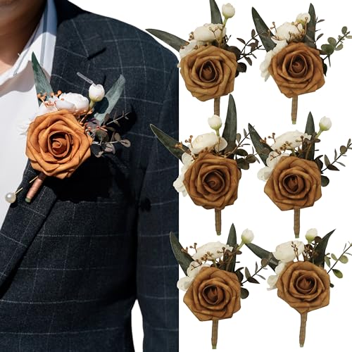 Terracotta Boutonniere for Men,Prom boutonnieres,Boho boutonnieres,Groom Groomsmen Boutonniere for Wedding Ceremony Anniversary, Formal Dinner Party and Grad Night (Set of 6) - color: Terracotta, size: set of 6