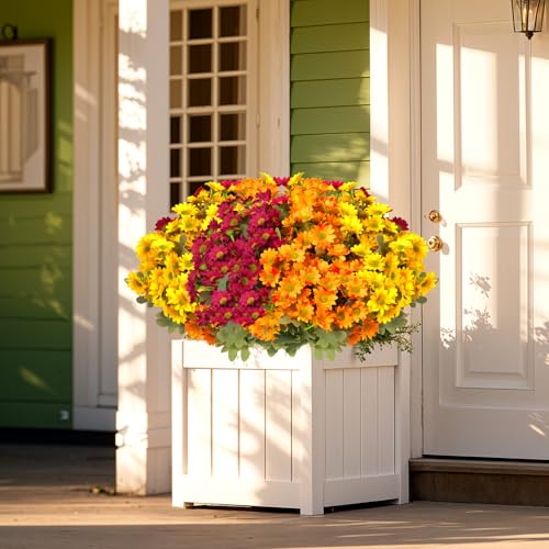12 Bundles Artificial Daisies Flowers Outdoor Fake Plants Fake Foliage Greenery Faux Plants for Graves Hanging Outside Planter Window Box Wedding Decoration - color: Yellow , Orange, Rose Red