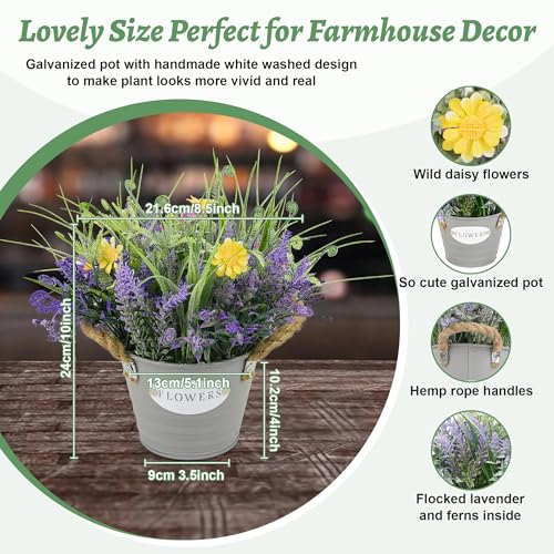 Artificial Plant Purple Lavender | Potted Faux Greenery | Farmhouse Decor for Home, Office, Bathroom | Galvanized Metal Pot - color: Lavender Flower With Yellow Daisy