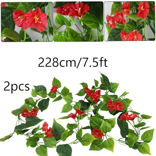 CISDUEO 2 Pcs Artificial Vines Silk Morning Glory Vines for Outdoor 15Feet Hanging Plants Garland Red Fake Green Plant Morning Glories for Home Decor Wall Fence Stairway Wedding Hanging Baskets - color: Red