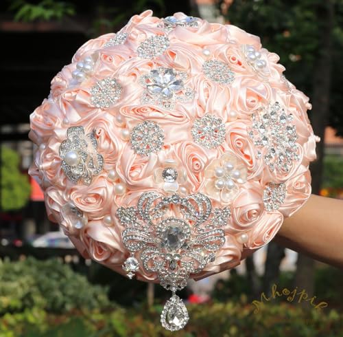 Bridal Wedding Bouquet Round Bling Brooch Bouquet Artificial Rose Flower Bunch for Bride Bridesmaid Wedding Quinceanera(Light Salmon Pink, 8.7") - color: Light Salmon Pink, size: Medium (Dia. 8.7"/22cm)