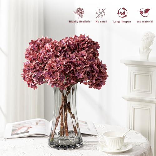 Artificial Flower Fake Silk Hydrangea Heads Bouquet with Stems Bulk for Fall Decoration Table Center Christmas Indoor Outdoor Faux Floral Realistic with Leaves Plants Crafts 8PCS(Rose red) - color: Rose Red